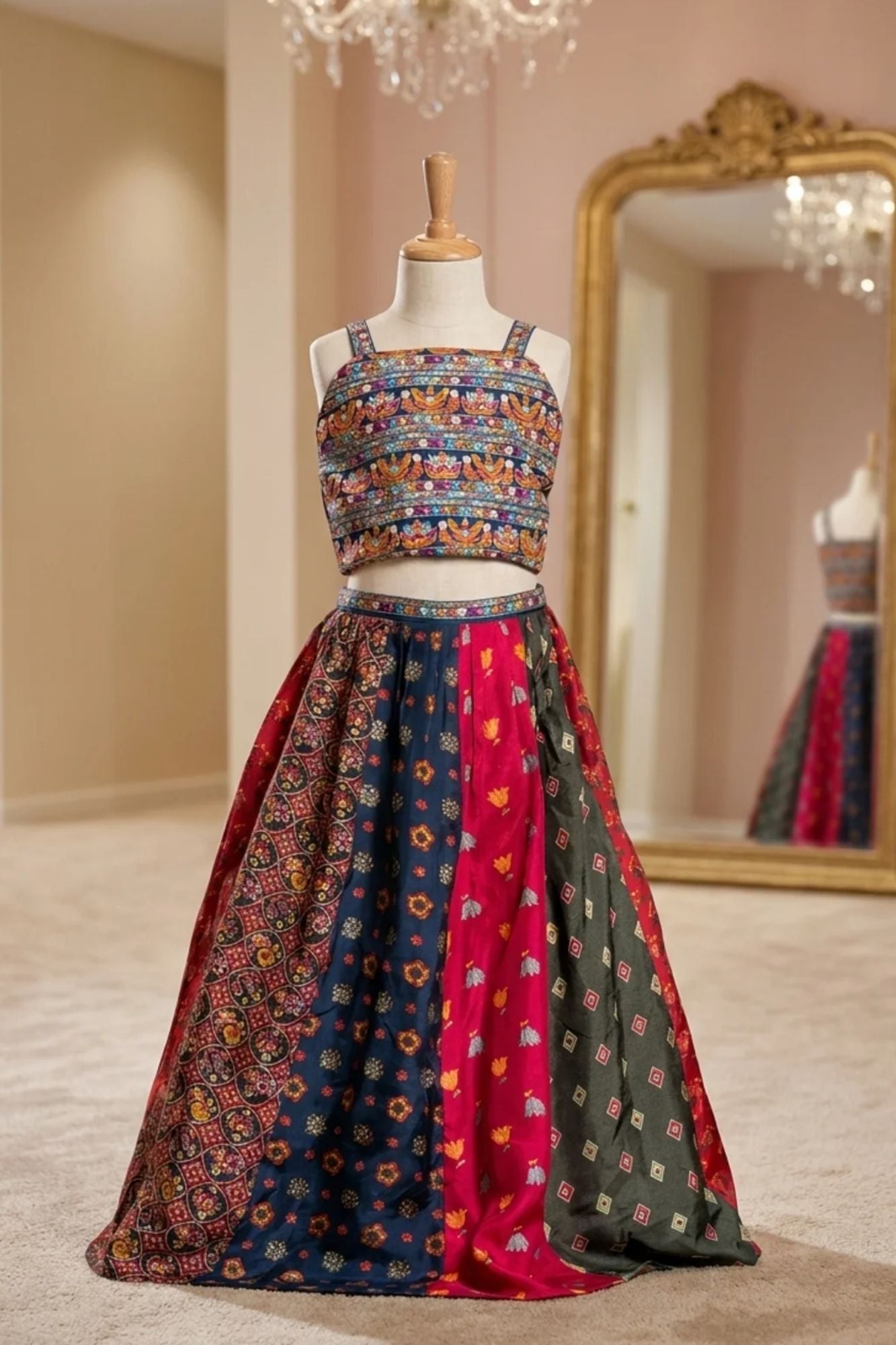 Multicolor Bandhani Printed And Floral Embroidered Lehenga Choli For Girls