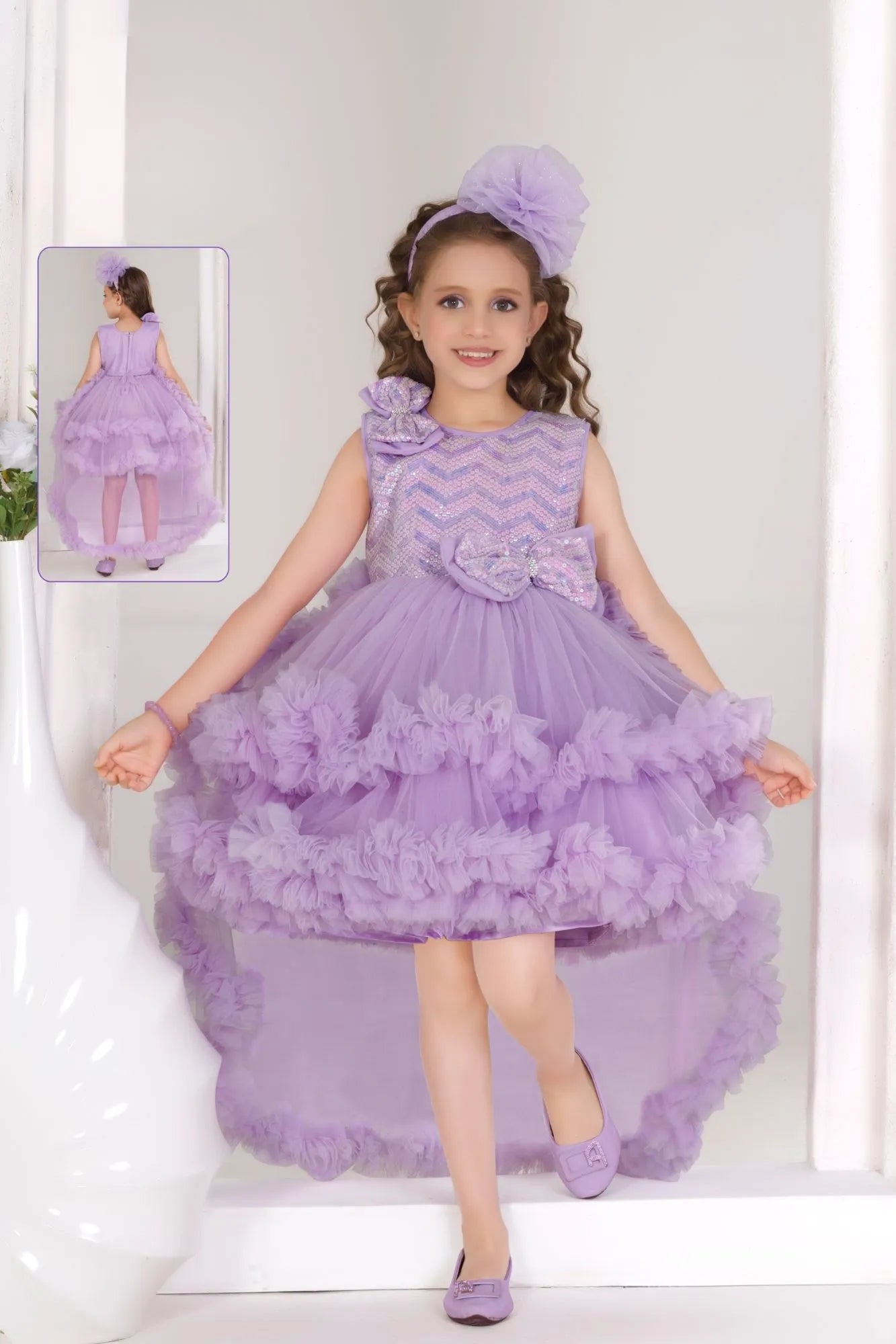 Lavender Sequin Bow With High-Low Ruffle Party Frock For Girls