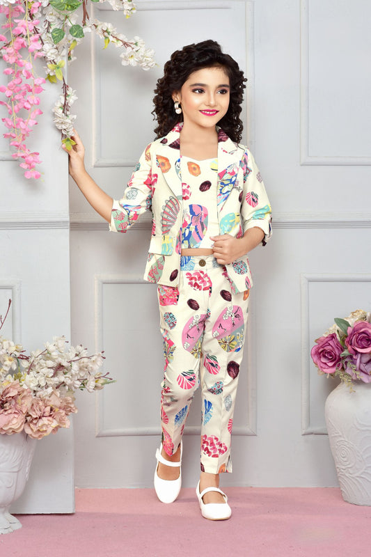 Trendy Cream Printed Co Ord Set For Girls