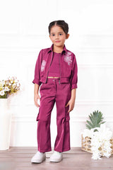 Trendy Pink Co Ord set With Embroidered Overcoat For Girls