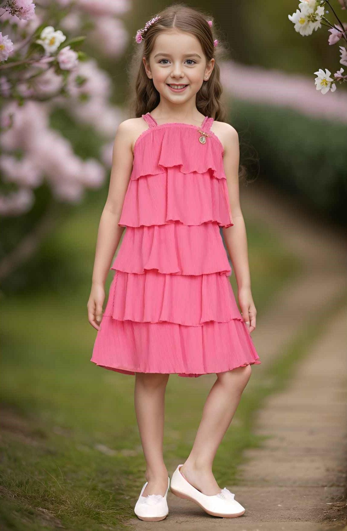 Stylish Pink Frilled Casual Wear Dress For Girls - Lagorii Kids