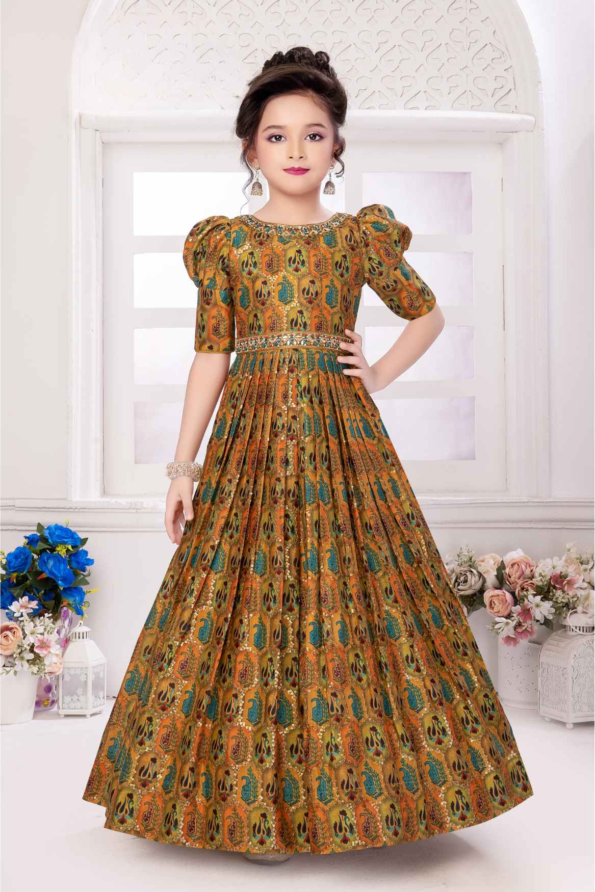 Gold Printed Ethnic Gown With Stone-Embellished Waistband For Girls