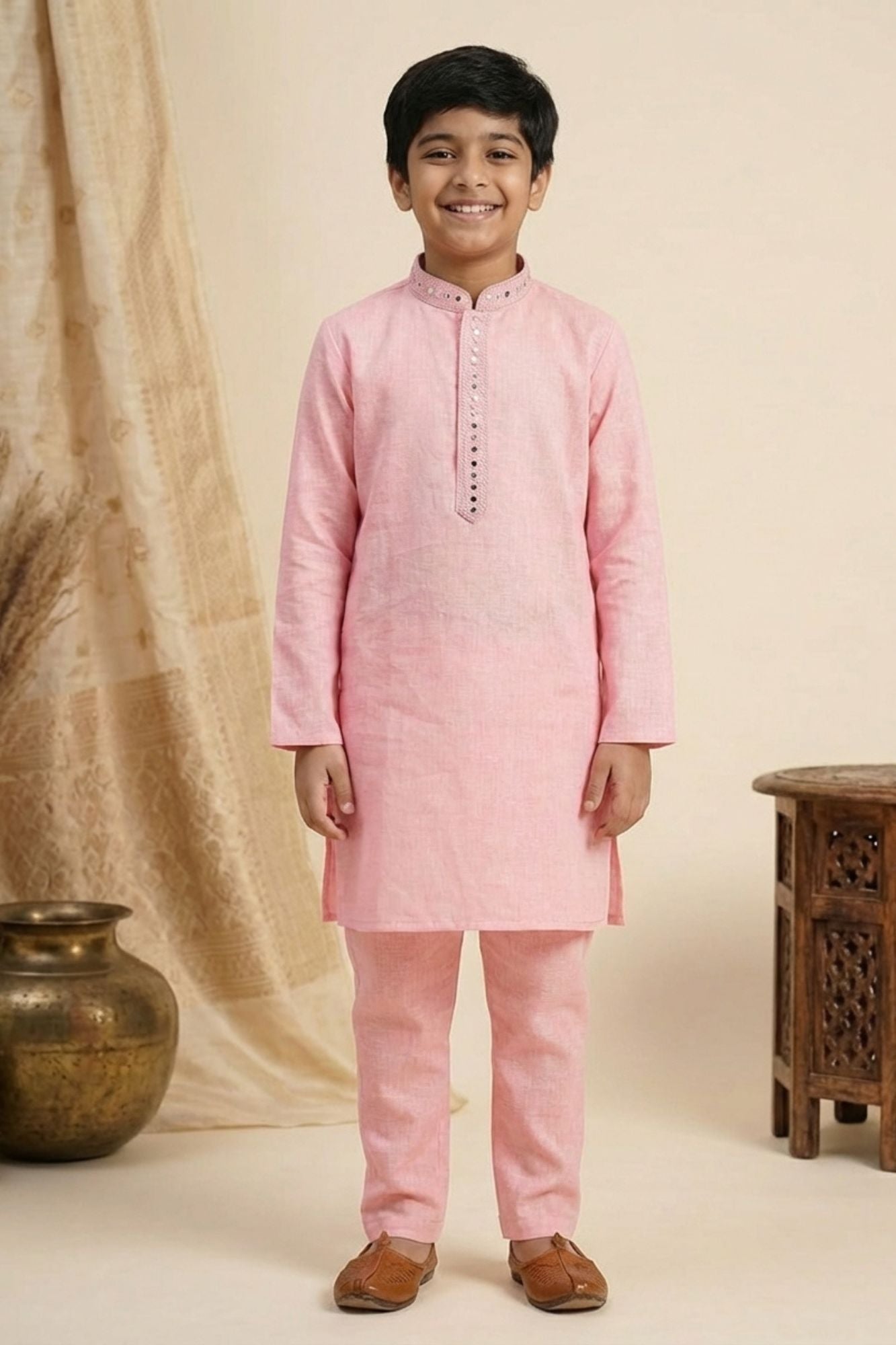 Pink Embroidered Linen Kurta Set For Boys