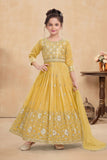 Mustard Yellow Embroidered Ethnic Gown with Dupatta For Girls