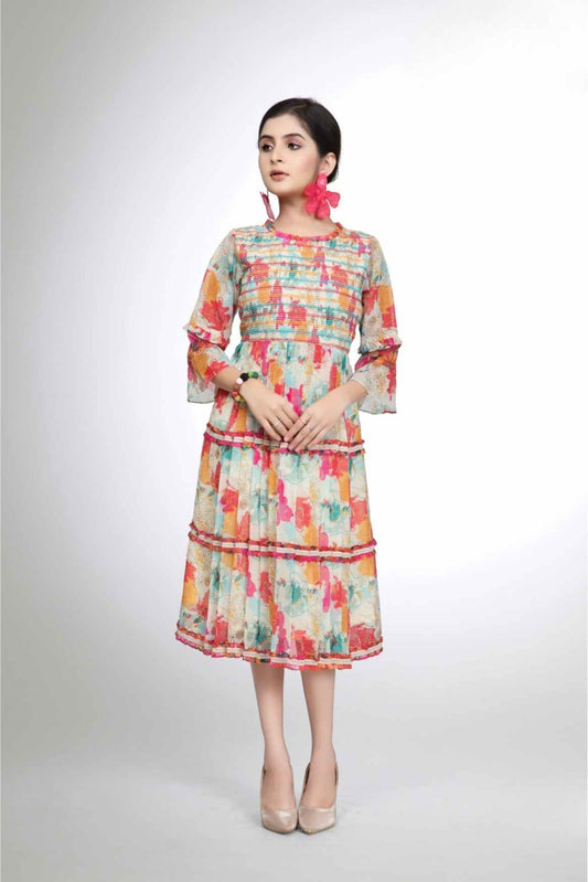 Cream Floral Printed Casual Dress For Girls