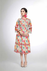 Cream Floral Printed Casual Dress For Girls