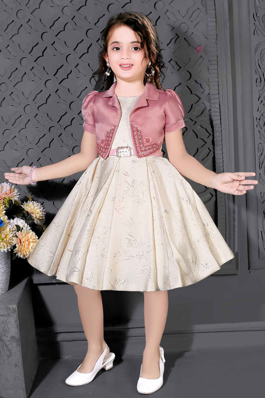 Cream Frock With Onion Pink Sequin Overcoat For Girls