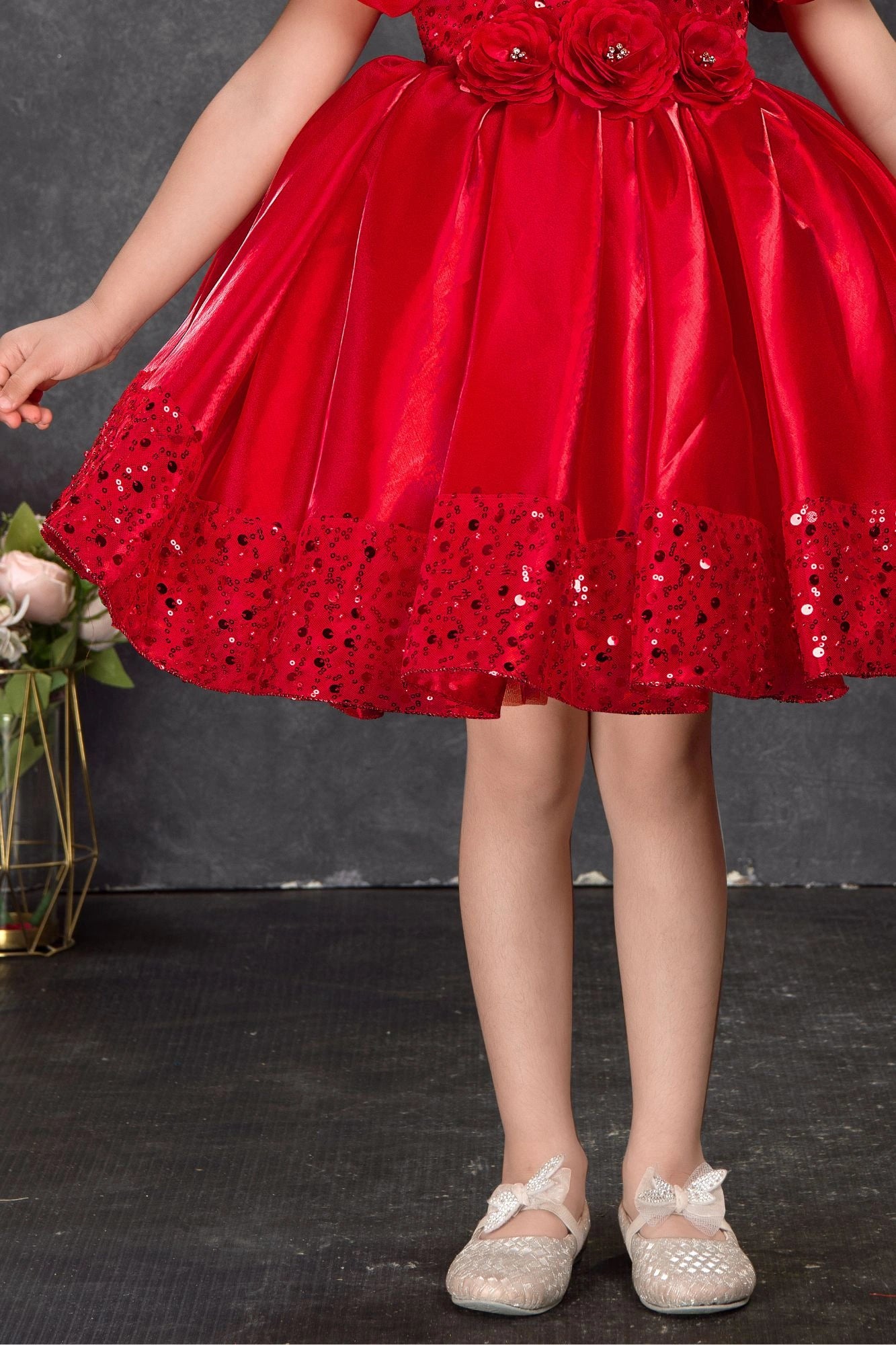 Red Sequin Party Wear Frock with Puffy Sleeves and Floral Waist Detail For Girls
