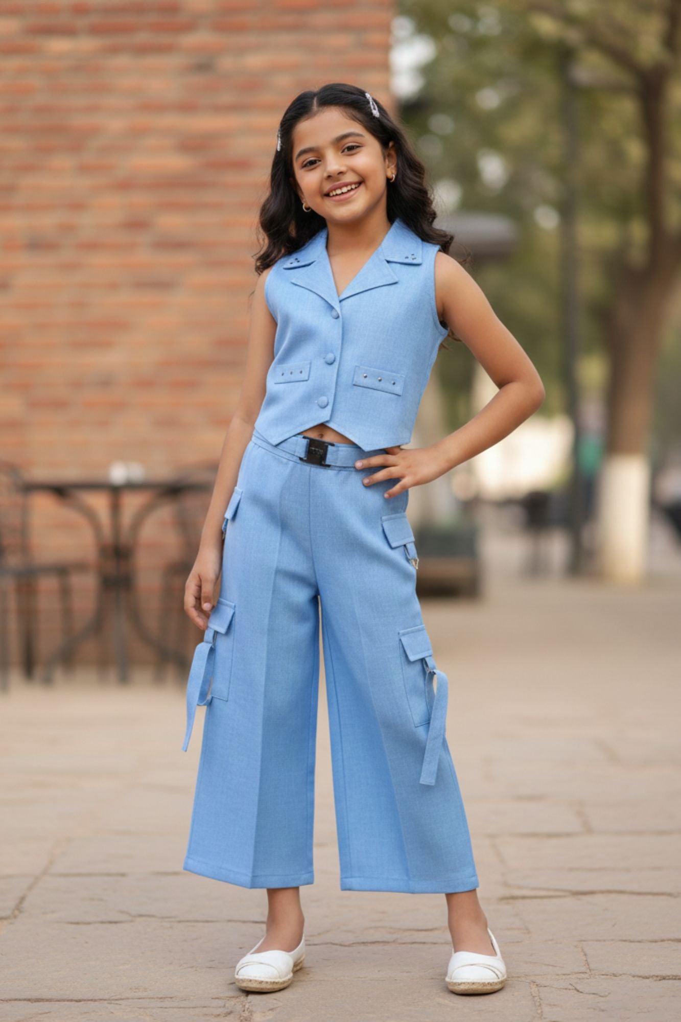 طقم عصري من جاكيت وبنطلون أزرق سماوي بدون أكمام للبنات