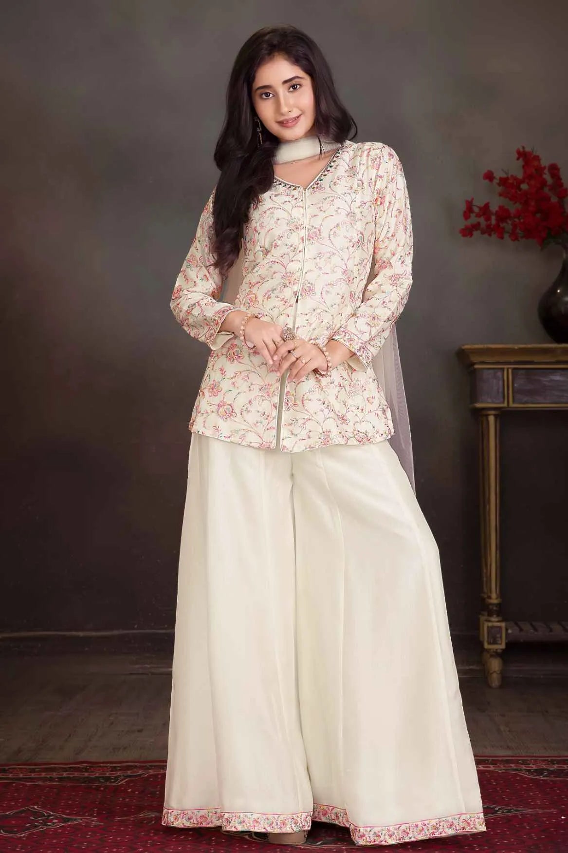 Cream Palazzo Set with Multicolor Floral Embroidered Top And Dupatta for Girls