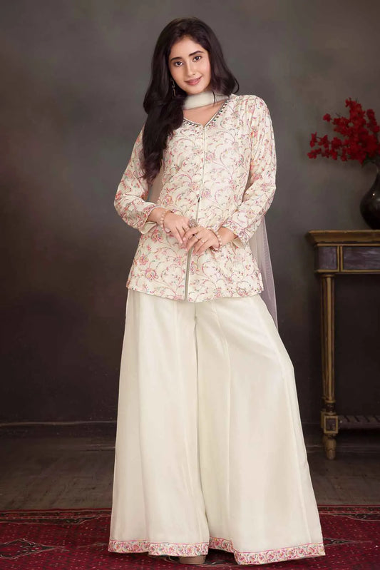Cream Palazzo Set with Multicolor Floral Embroidered Top And Dupatta for Girls