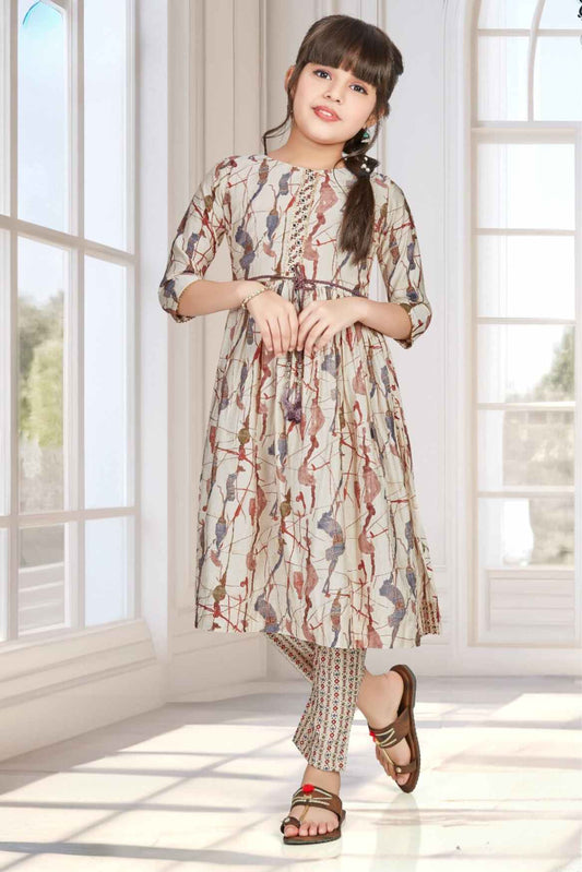 Cream Printed Casual Kurti Set For Girls