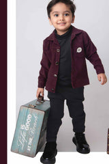 Little Collars Wine Overcoat With Black Tshirt And Pant Set For Boys