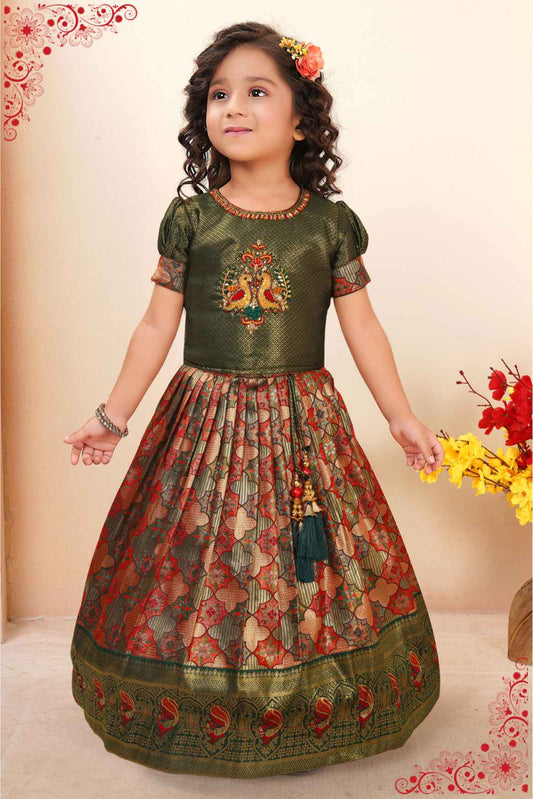 Green Brocade Pattu Pavadai With Bead Work And Zardosi Work For Girls