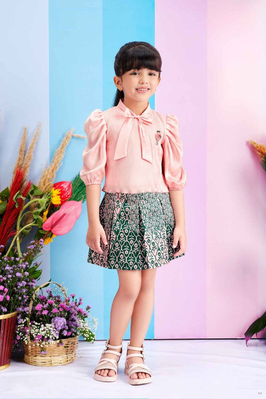 Peach Top And Printed Skirt With Puffed Sleeves Set For Girls