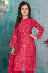 Red Mirror Work And Printed Ethnic Kurta Set For Girls