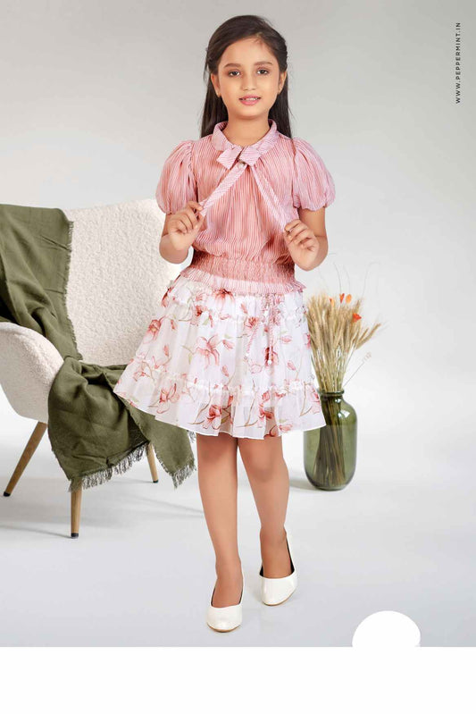 White Chiffon Printed Skirt With Peach Top Set For Girls