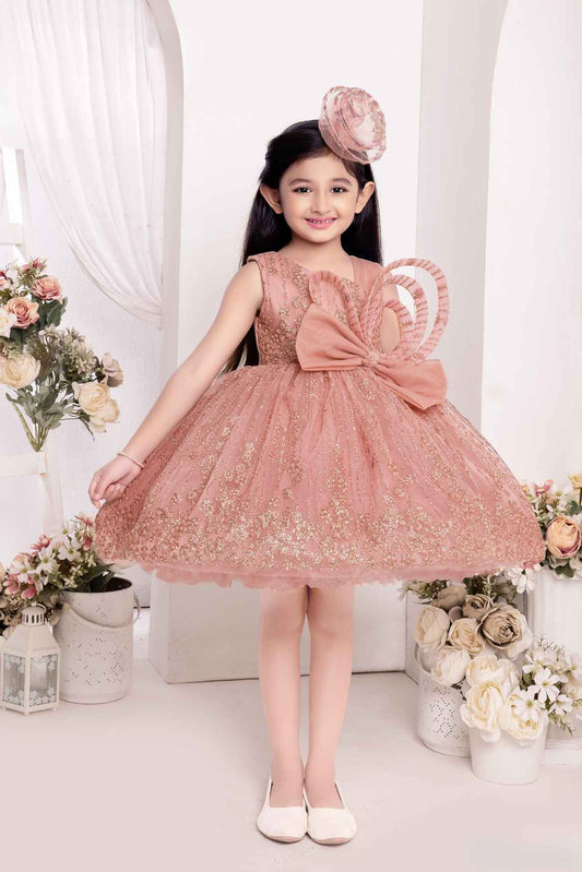 Onion Pink Frock With Bow Embellished And Shimmer Printed For Girls