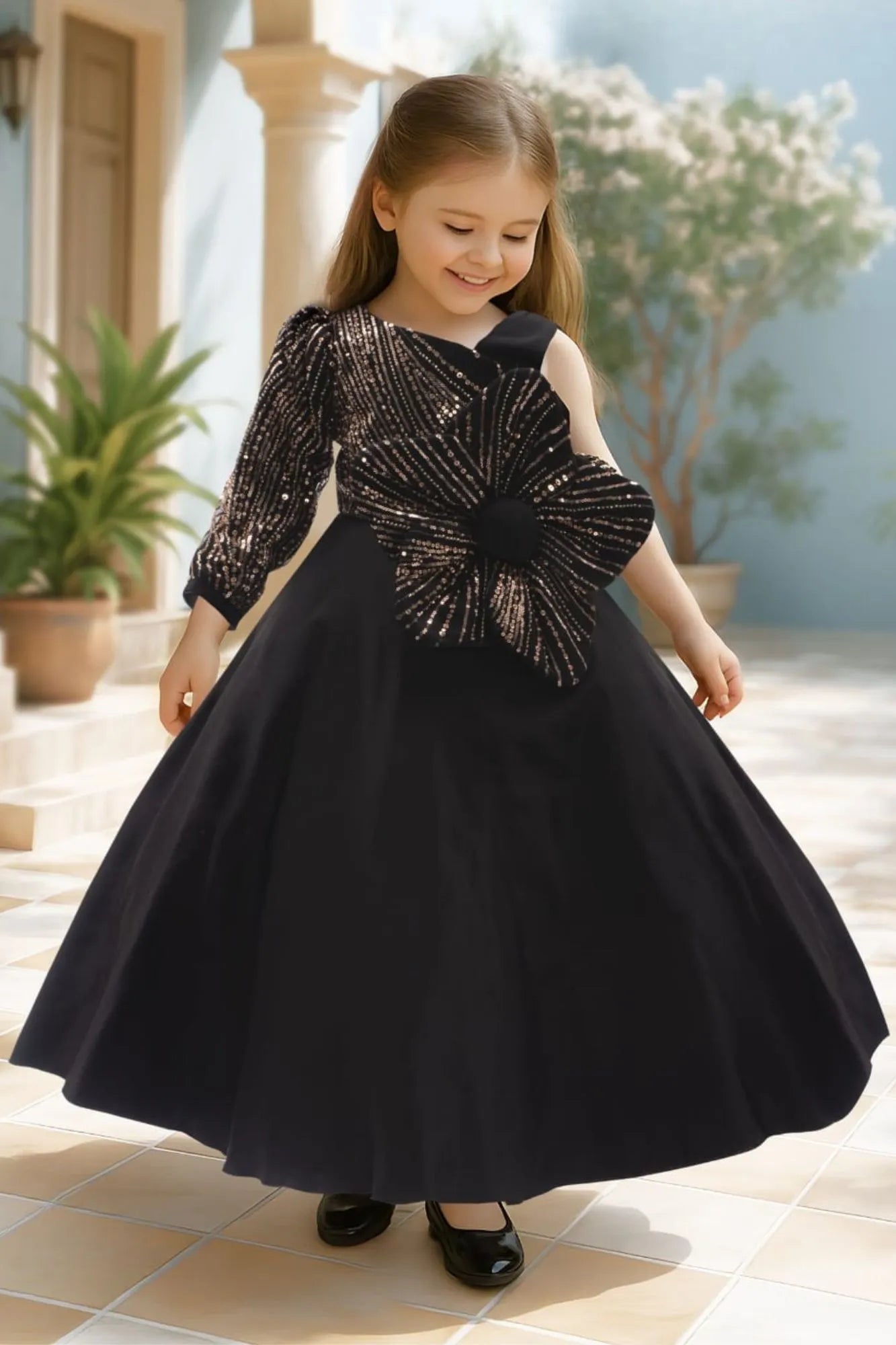 Black One-Shoulder Flower Appliqué Gown for Girls