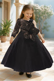 Black One-Shoulder Flower Appliqué Gown for Girls