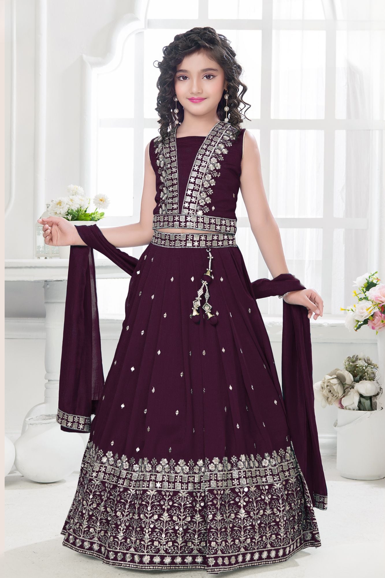 Wine Embroidered Lehenga Choli Set with Dupatta For Girls