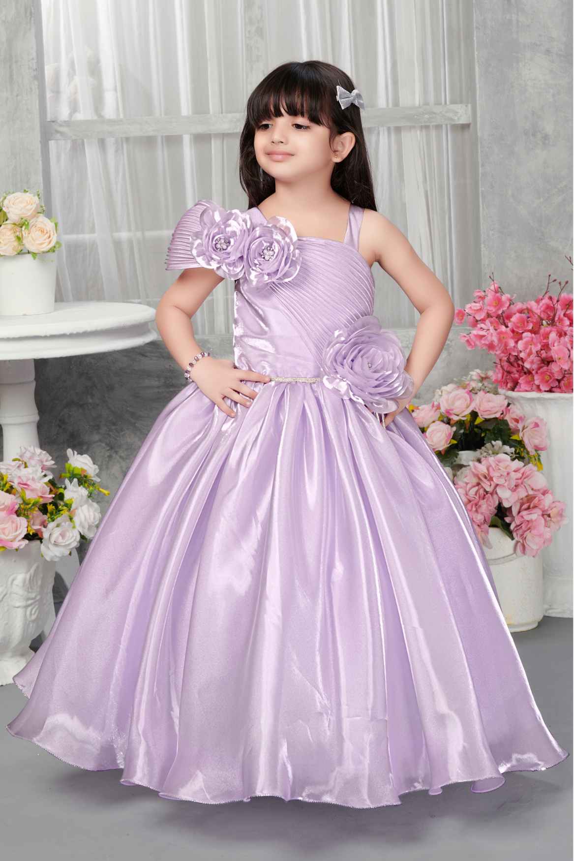 Lavender One-Shoulder Gown With 3D Floral Appliqué For Girls