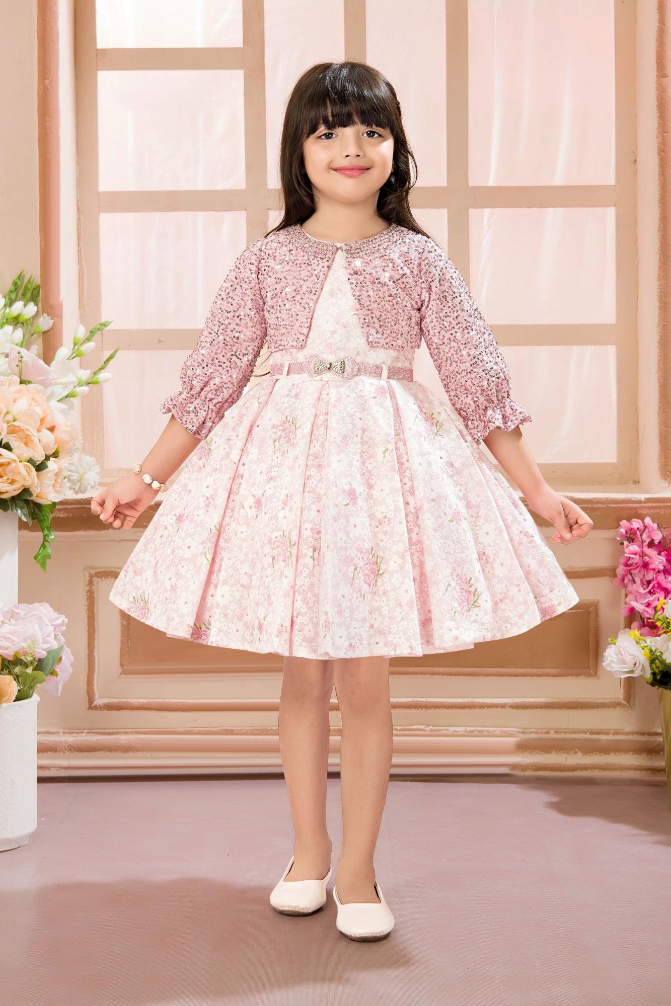 Elegant Pink Floral Printed Frock with Sequin Jacket For Girls
