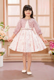 Elegant Pink Floral Printed Frock with Sequin Jacket For Girls