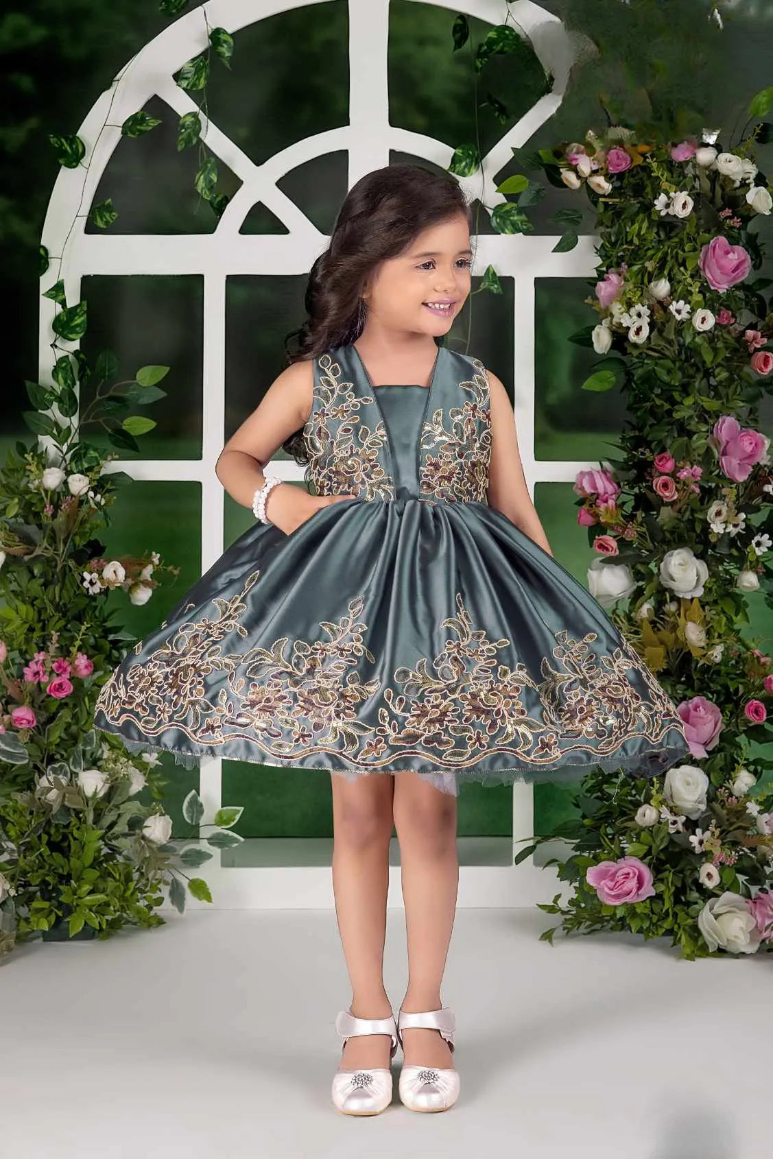 Grey Embroidered Party Frock with Flared Skirt For Girls