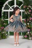 Grey Embroidered Party Frock with Flared Skirt For Girls