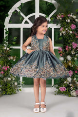 Grey Embroidered Party Frock with Flared Skirt For Girls