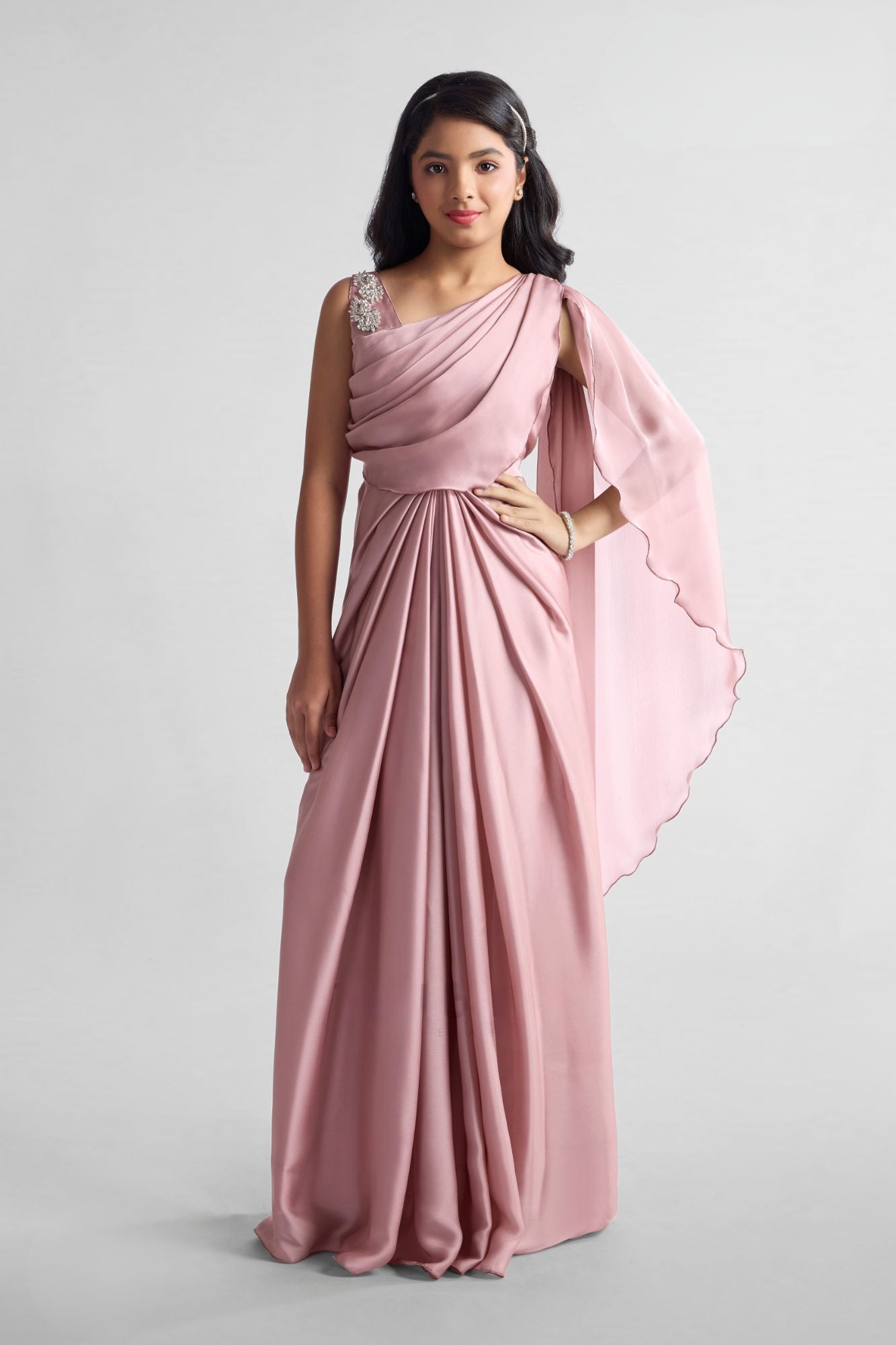Light Pink Pre-Draped Saree Gown with Embellished Strap For Girls