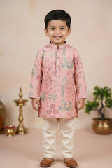 Boys Peach Floral Embroidered Kurta Set with Cream Pyjama