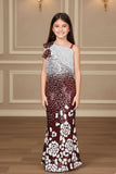 Ombré Maroon One-Shoulder Sequin Embellished Mermaid Gown For Girls