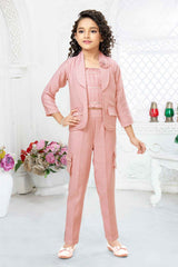 Pink Mirror Work Co Ord Set With Overcoat For Girls