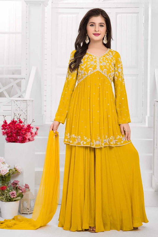 Mustard Yellow Embroidered Kurti And Palazzo Set With Dupatta For Girls