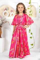 Dark Peach Floral Printed Palazzo Set With Mirror Work Cape Overcoat For Girls