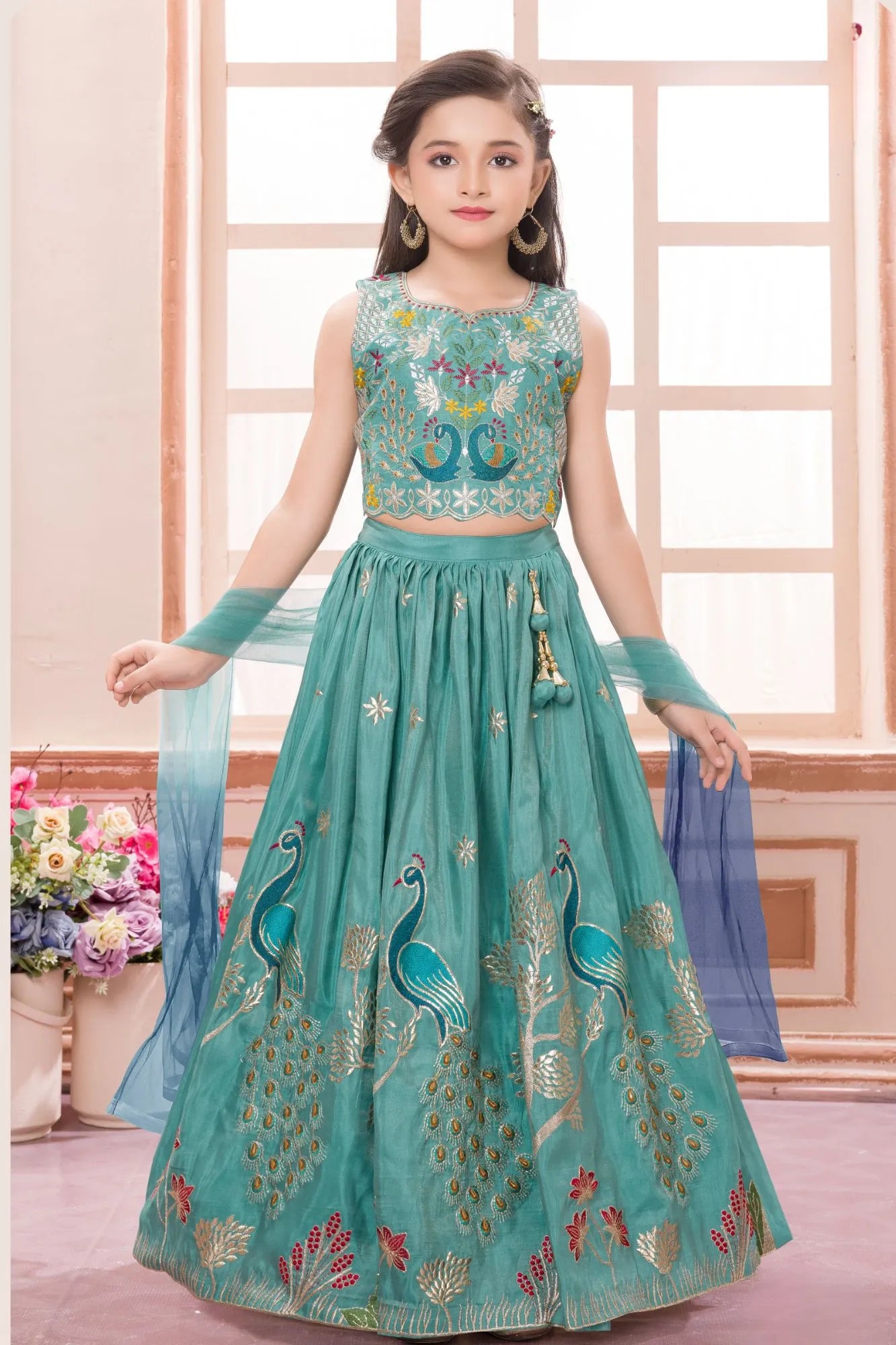 Teal Green Peacock Embroidered Lehenga Choli with Dupatta For Girls