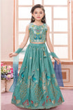 Teal Green Peacock Embroidered Lehenga Choli with Dupatta For Girls