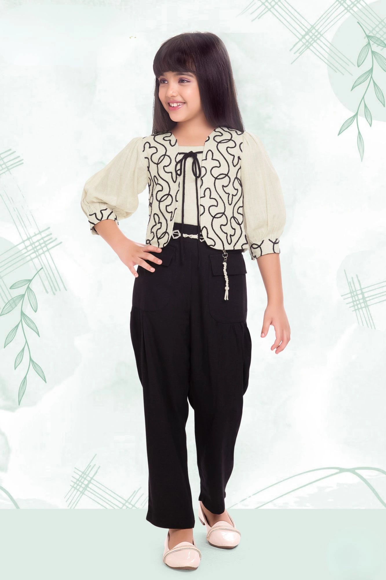 Casual Cream Floral Embroidered Co-ord Set For Girls