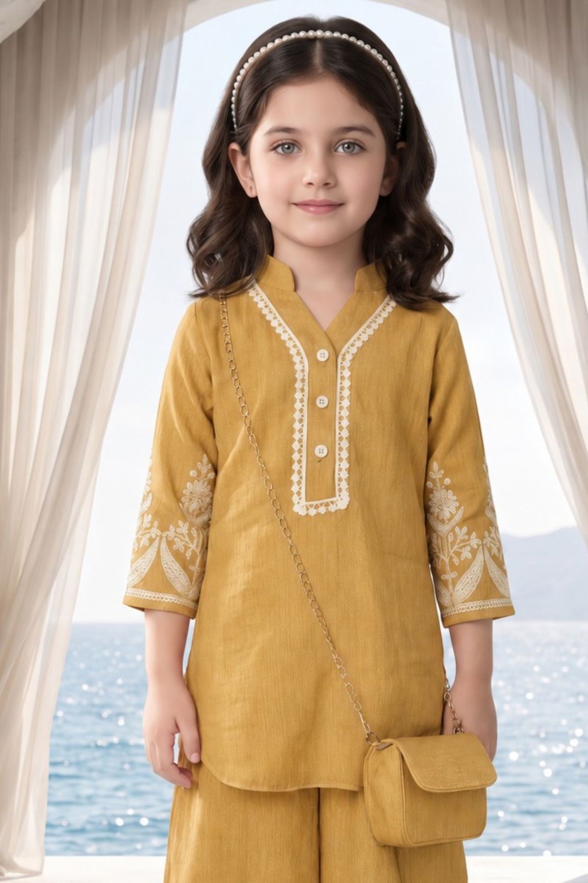 Mustard Floral Embroidered Co-ord Set For Girls