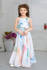 White Floral Printed And Floral Embellishment Gown For Girls