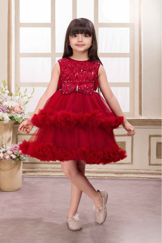 Maroon Sequin Work And Bow Embellished Party Frock For Girls
