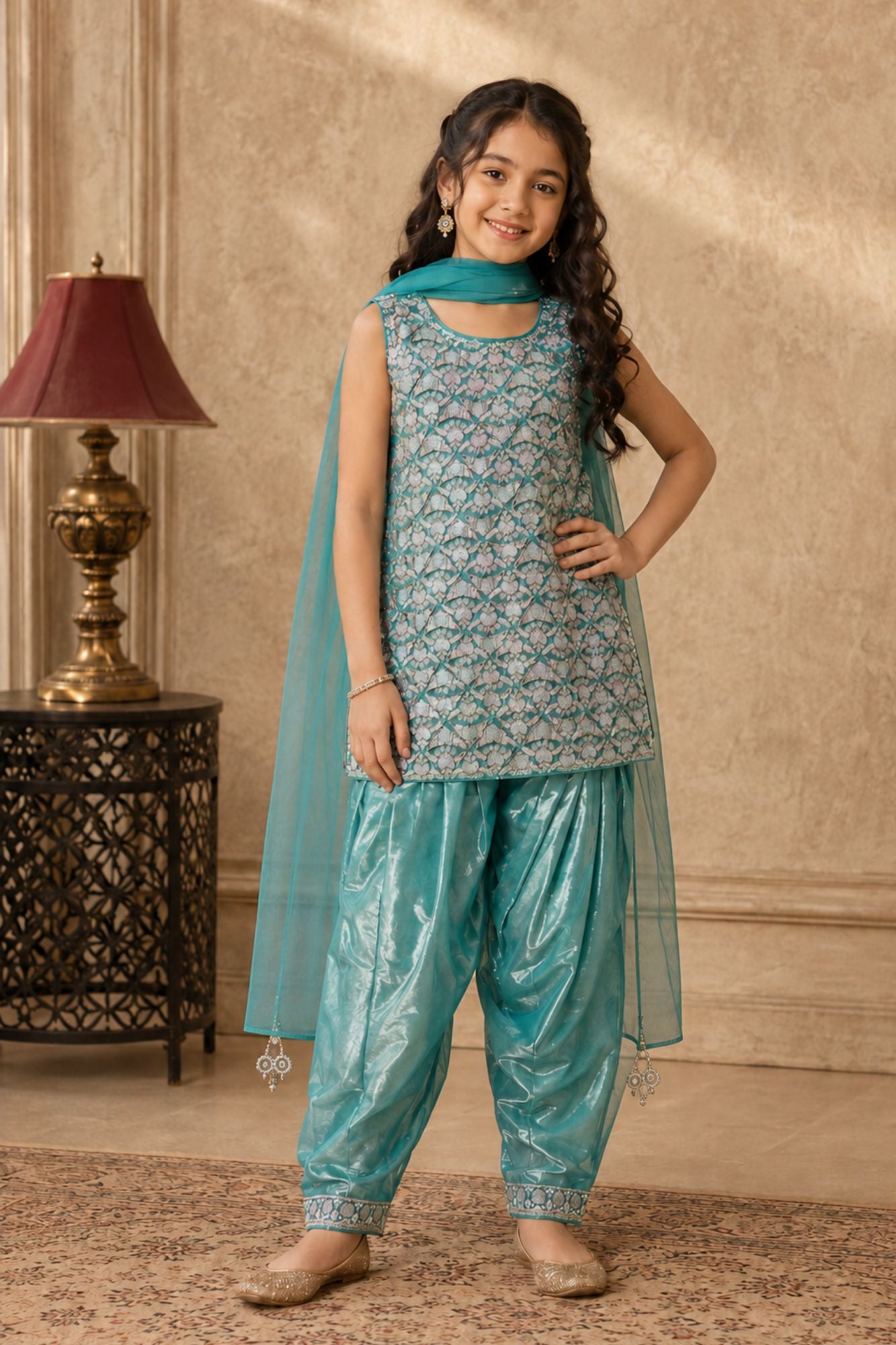 Aqua Blue Embroidered Patiala Set with Dupatta For Girls