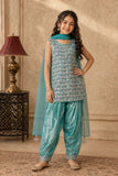 Aqua Blue Embroidered Patiala Set with Dupatta For Girls
