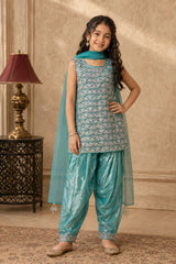 Aqua Blue Embroidered Patiala Set with Dupatta For Girls