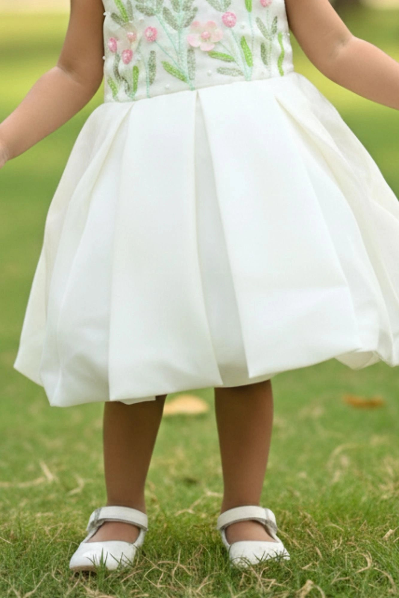 White Floral Sequins Embroidered Party Wear Frock For Girls