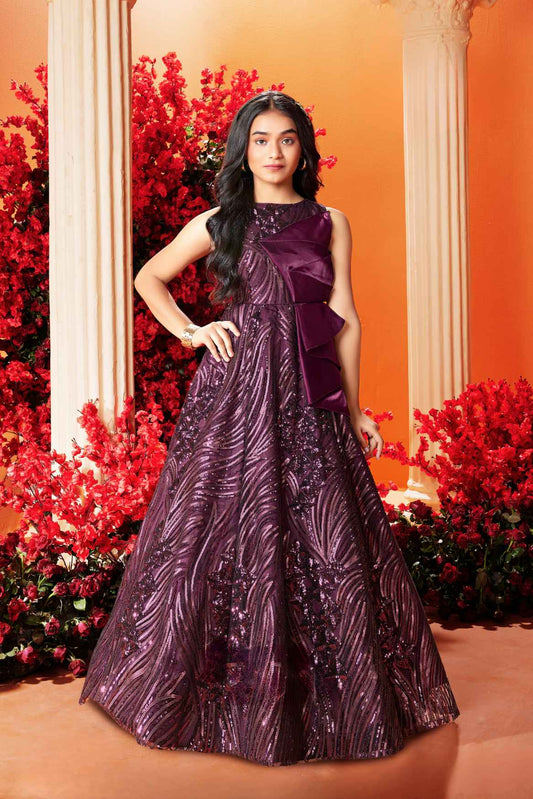 Wine Sequins Embroidery Partywear Gown For Girls