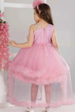 Pink High-Low Party Frock With 3D Floral Appliqué For Girls