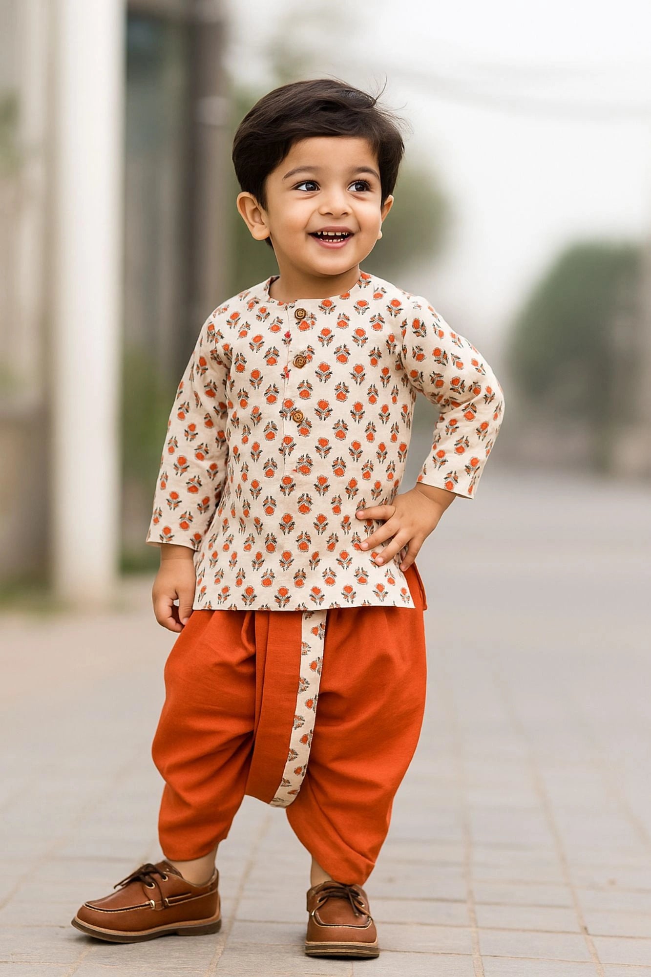 Rust Orange Handblock Printed Kurta with Dhoti Set For Boys